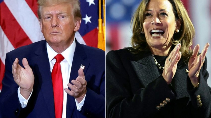 (COMBO) This combination of pictures created on November 4, 2024 shows former US President and 2024 presidential hopeful Donald Trump in Waterloo, Iowa, on December 19, 2023 and US Vice President and Democratic presidential candidate Kamala Harris in Philadelphia, Pennsylvania on November 4, 2024.  (Photo by KAMIL KRZACZYNSKI and ANDREW CABALLERO-REYNOLDS / AFP) / XGTY (Photo by KAMIL KRZACZYNSKIANDREW CABALLERO-REYNOLDS/AFP via Getty Images)