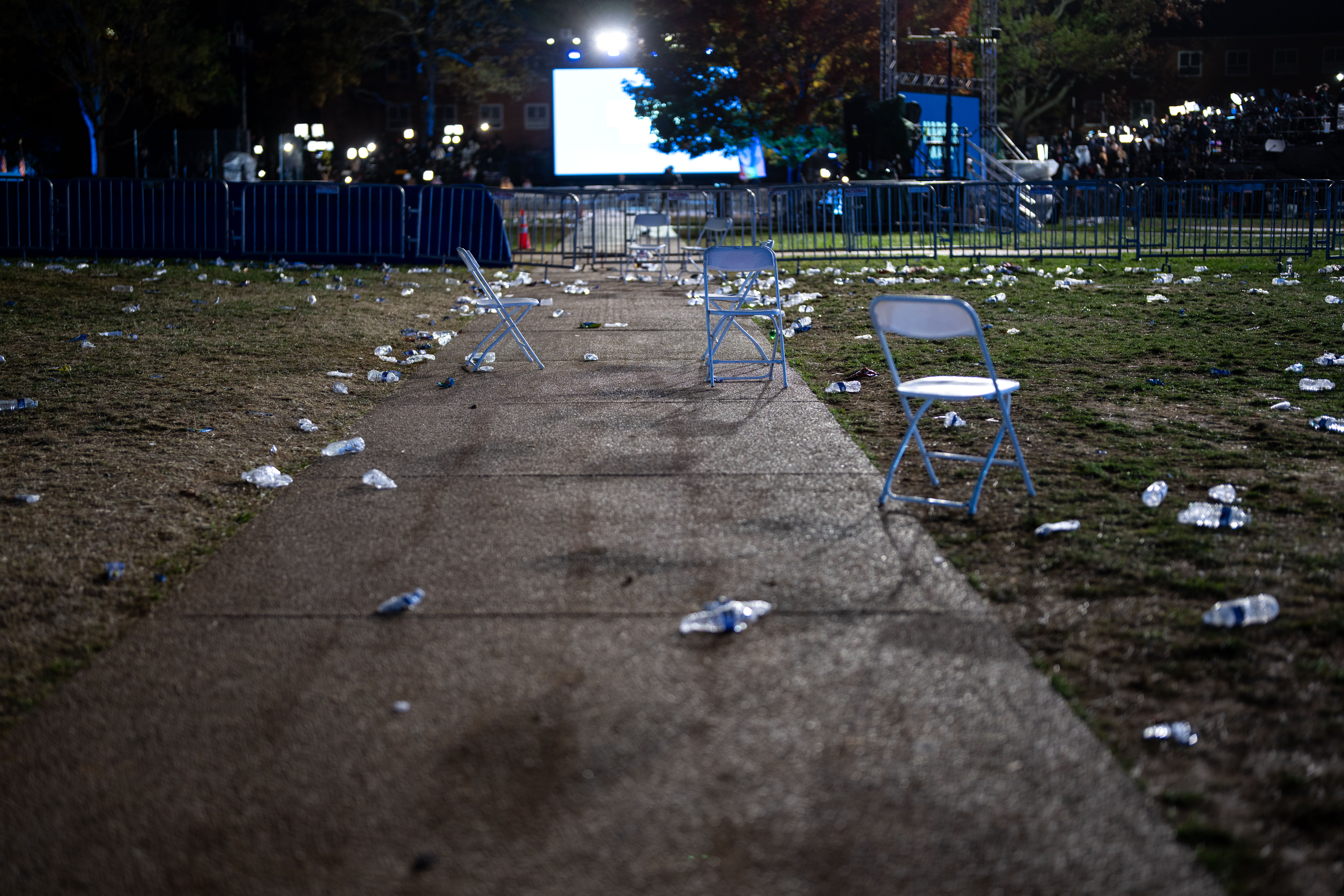 WASHINGTON, DC – NOVEMBER 06: Chairs and trash sit in an empty field after the election night watch party for Democratic presidential nominee, U.S. Vice President Kamala Harris at Howard University on November 06, 2024 in Wshington, DC. Americans cast their ballots today in the presidential race between Republican nominee former President Donald Trump and Vice President Kamala Harris, as well as multiple state elections that will determine the balance of power in Congress. (Kent Nishimura/Getty Images)