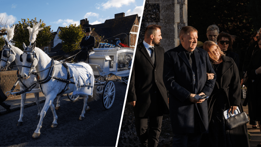 : Un coche fúnebre blanco tirado por caballos llega al funeral del cantante Liam Payne, ex miembro de One Direction, el 20 de noviembre de 2024 en Amersham, Reino Unido. Sus seres queridos, incluidos sus padres Karen Payne y Geoff Payne, asistieron al funeral.