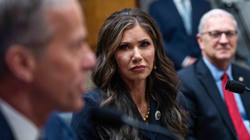 UNITED STATES – JANUARY 17: South Dakota Gov. Kristi Noem, President-elect Donald Trump’s nominee to be Homeland Security secretary, is introduced by Senate Majority Leader John Thune, R-S.D., left, and Sen. Kevin Cramer, R-N.D., during her Senate Homeland Security and Governmental Affairs Committee confirmation hearing in Dirksen building on Friday, January 17, 2025. (Tom Williams/CQ-Roll Call, Inc via Getty Images)