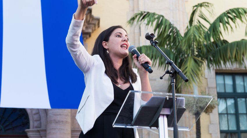 MIAMI, FLORIDA – JULY 17: Rosa Maria Paya  speaks onstage during the Rally For Democracy In Cuba: A Call To Action at Miami Dade College’s Freedom Tower on July 17, 2021 in Miami, Florida. (Photo by Jason Koerner/Getty Images)
