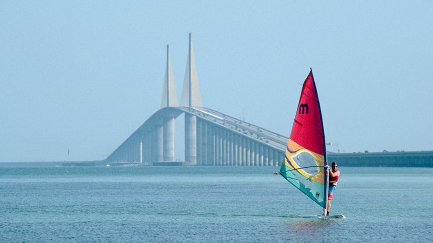 The Sunshine Skyway Bridge spans the wide mouth of Tampa Bay between St. Petersburg and Palmetto, Florida. (Photo by Nik Wheeler/Corbis via Getty Images)