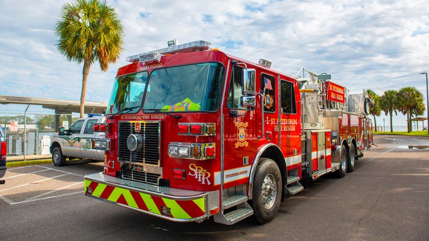 ST. PETERSBURG, FL, USA – JAN. 26, 2019: Fire truck of St. Petersburg Fire Rescue department on duty at Municipal Marina in downtown St. Petersburg, Florida FL, USA.