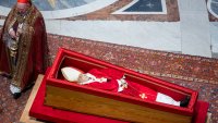 (EDITOR’S NOTE: Image depicts death.) The body of Pope Francis, which will remain on display for three days, at St. Peter’s Basilica in the Vatican. Vatican City (Vatican), April 23rd, 2025 (Photo by Vatican Pool/ Spaziani/Stefano Spaziani/Mondadori Portfolio via Getty Images)