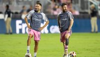 FORT LAUDERDALE, FLORIDA – OCTOBER 25: Lionel Messi and Jordi Alba of Inter Miami CF (2)  during warm ups before round one of the 2024 MLS playoff game against Atlanta United FC (1) at the Chase Stadium on October 25th, 2024 in Fort Lauderdale, Florida, USA. (Photo by Simon Bruty/Anychance/Getty Images)