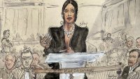 This court sketch made on May 13, 2025 in Paris shows US celebrity Kim Kardashian testifying before the Assize Court for the trial over the 2016 robbery that saw her relieved of millions of dollars’ worth of jewellery at gunpoint. The trial of this sensational nine million euro jewellery robbery opened in Paris on April 28, 2025. (Photo by Benoit PEYRUCQ / AFP) (Photo by BENOIT PEYRUCQ/AFP via Getty Images)