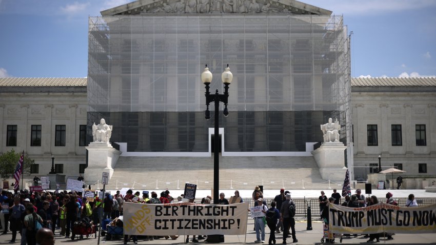 WASHINGTON, DC – MAY 15: Activists demonstrate during a protest outside the U.S. Supreme Court on May 14, 2025 in Washington, DC. The Supreme Court was scheduled to hear oral argument today on cases whether the Trump administration has the power to end birthright citizenship.  (Photo by Alex Wong/Getty Images)