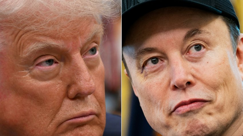 File. This combination of pictures created on June 5, 2025 shows US President Donald Trump in the Oval Office of the White House, in Washington, DC, on May 5, 2025 and Elon Musk in the Oval Office of the White House in Washington, DC, on May 30, 2025. President Donald Trump said on June 5, 2025, that he asked “crazy” Elon Musk to leave his administration and threatened to take away the tech tycoon’s government contracts, as a growing row over the US president’s budget bill triggered a bitter public divorce with his top donor.