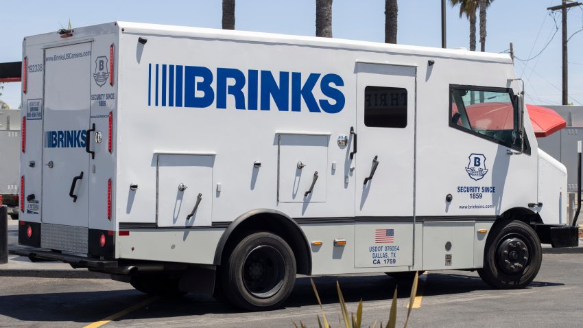 San Diego, CA, USA – May 14, 2022: A Brink’s armored truck is seen on the streets in San Diego, California. The Brink’s Company is an American private security and protection company.
