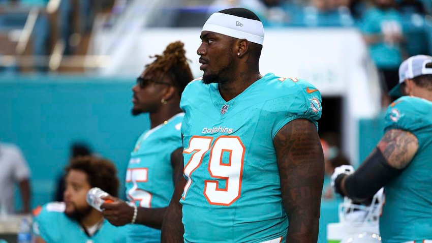 MIAMI GARDENS, FL – AUGUST 17: Bayron Matos #79 of the Miami Dolphins stands on the sidelines prior to an NFL preseason football game against the Washington Commanders at Hard Rock Stadium on August 17, 2024 in Miami Gardens, FL. (Photo by Kevin Sabitus/Getty Images)