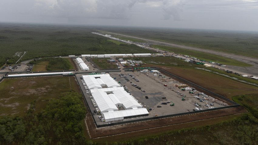 OCHOPEE, FLORIDA – JULY 4: In an aerial view from a helicopter, the migrant detention center, dubbed “Alligator Alcatraz,” is seen located at the site of the Dade-Collier Training and Transition Airport on July 4, 2025 in Ochopee, Florida. U.S. President Donald Trump was present at the opening of the 5,000-bed facility, located at an abandoned airfield in the Everglades wetlands, as part of his expansion of undocumented migrant deportations. (Photo by Alon Skuy/Getty Images)