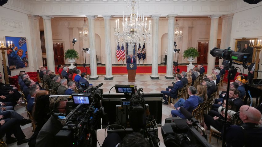 WASHINGTON, DC – APRIL 1: U.S. President Donald Trump speaks from the Cross Hall of the White House on April 1, 2026 in Washington, DC. Trump used the prime-time address to update the nation on the war in Iran. (Photo by Alex Brandon-Pool/Getty Images)