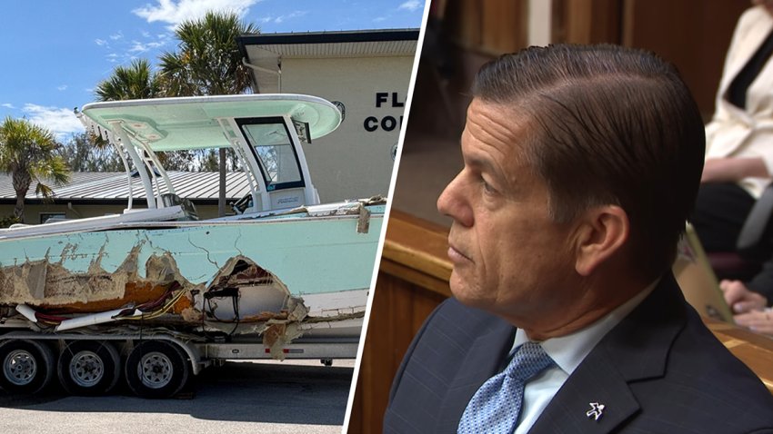 The jury in the trial of George Pino, a South Florida developer charged in the death of a 17-year-old girl after a boat crashed off Boca Chita Key in 2022. viewed the damaged vessel on Thursday.