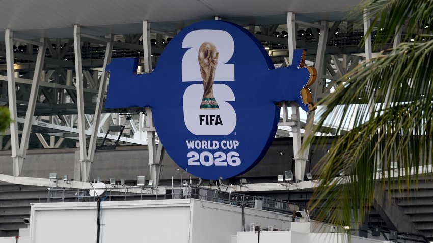 MIAMI, FLORIDA – MAY 22: The FIFA World Cup 2026 logo is seen covering the Hard Rock Stadium signage on the exterior of the stadium at Miami Stadium on May 22, 2026 in Miami, Florida. (Photo by Leonardo Fernandez/Getty Images)