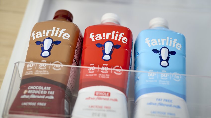 Fairlife ultra-filtered fat free, whole, and chocolate milk arranged in Germantown, New York, US, on Tuesday, Dec. 3, 2024. Fairlife, which uses a specialized filtering process to boost protein and cut sugar and lactose in its milk products, helped spark the modern protein craze that’s unfolded alongside the rise of Ozempic and other GLP-1 drugs. Photographer: Gabby Jones/Bloomberg via Getty Images