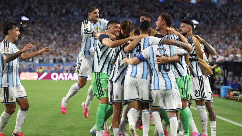 Players of Argentina celebrate after Diney Borges of Cabo Verde scoring an own goal at the end of extra time during the round of 32 match between Argentina and Cabo Verde at the 2026 FIFA World Cup at Miami Stadium, Miami, the United States, July 3, 2026. (Photo by Xu Zijian/Xinhua via Getty Images)