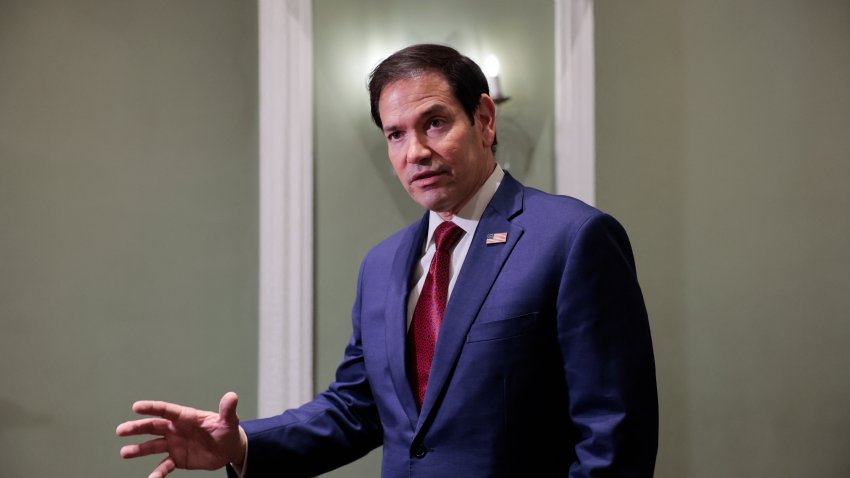 US Secretary of State Marco Rubio speaks with members of the media at the Taj Mahal Palace hotel in Mumbai on October 21, 2026. (Photo by KYLIE COOPER / POOL / AFP via Getty Images)